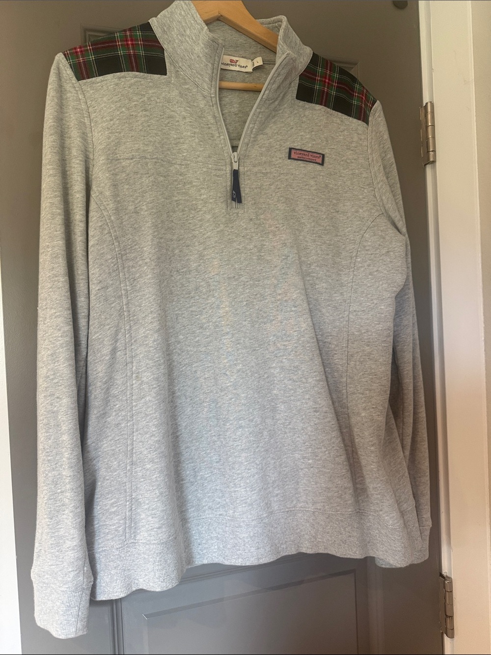 Vineyard Vines Light Gray Quarter-Zip Sweater with Tartan Shoulder Panels